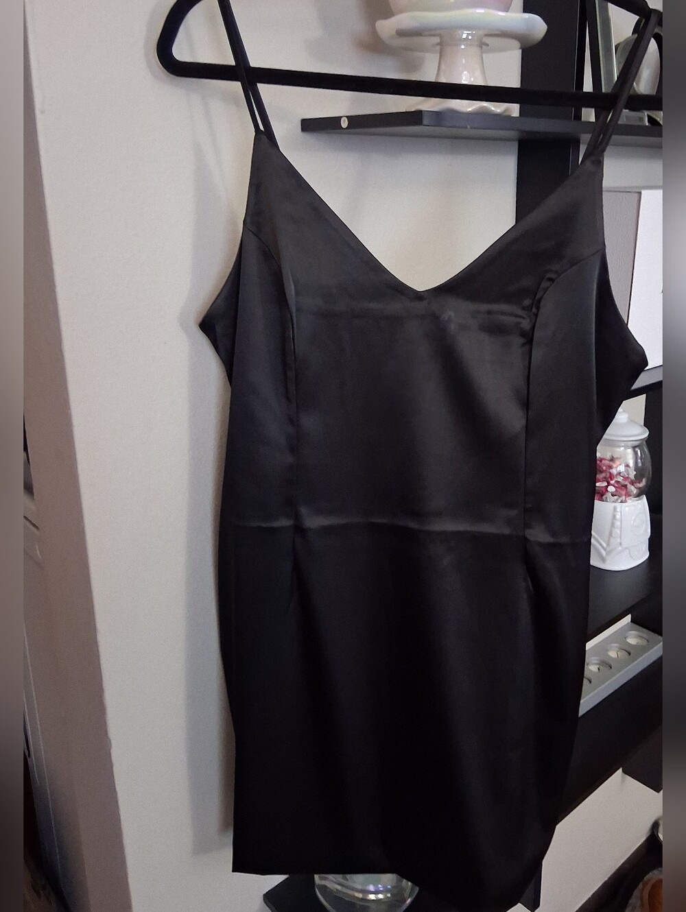 Classic Black Satin Mini Slip Dress w/pockets. NWOT.